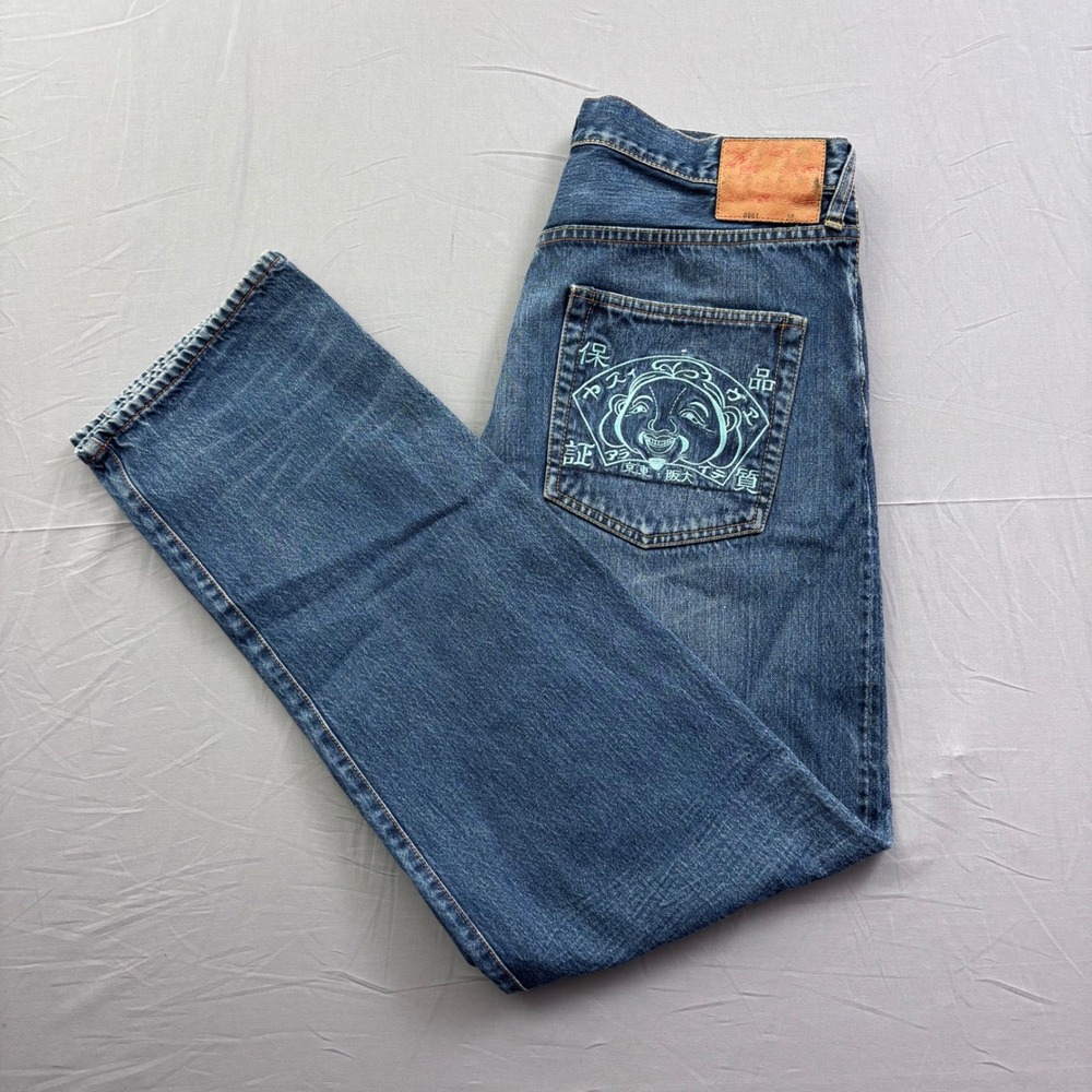 Evisu Genes Lot 2001 Mens Straight Leg Blue Denim Jeans Daicock Buddha Size 38